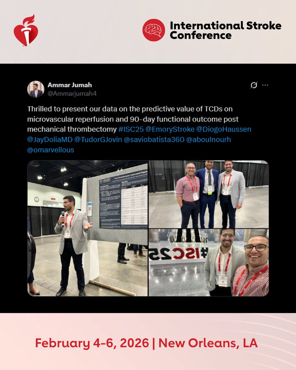 AHA Science (@ahascience) on Twitter photo ISC26 is the leading meeting on stroke science and THE place to showcase your work and get noticed. Abstracts are due Aug. 19!
<a href="/Ammarjumah4/">Ammar Jumah</a>
ISC26 Chairs: <a href="/LaurenHSansing/">LaurenHSansing</a> <a href="/bijoymenon/">Bijoy K Menon</a> ISC26 is the leading meeting on stroke science and THE place to showcase your work and get noticed. Abstracts are due Aug. 19!
<a href="/Ammarjumah4/">Ammar Jumah</a>
ISC26 Chairs: <a href="/LaurenHSansing/">LaurenHSansing</a> <a href="/bijoymenon/">Bijoy K Menon</a>