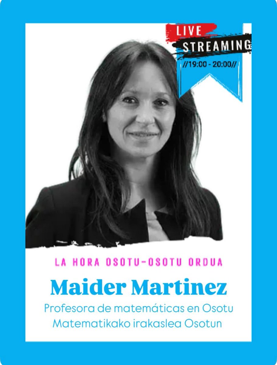 AMPA Osotu Lanbarri (@familiasosotu) on Twitter photo Esta tarde a la 19h directo de nuevo con otra pieza fundamental de Osotu: Maider Martinez. Hablaremos de tutorias, matematicas, euskera y muchas otras cosas.
<a href="/BegonaPedrosa/">Begoña Pedrosa</a> <a href="/Imanol_Pradales/">Imanol Pradales</a> <a href="/Gob_eus/">Eusko Jaurlaritza - Gobierno Vasco</a> <a href="/hezkuntzaEJGV/">Hezkuntza</a>
#osotuonada #osotubizirik #osotugosegreban #osotuhuelgahambre Esta tarde a la 19h directo de nuevo con otra pieza fundamental de Osotu: Maider Martinez. Hablaremos de tutorias, matematicas, euskera y muchas otras cosas.
<a href="/BegonaPedrosa/">Begoña Pedrosa</a> <a href="/Imanol_Pradales/">Imanol Pradales</a> <a href="/Gob_eus/">Eusko Jaurlaritza - Gobierno Vasco</a> <a href="/hezkuntzaEJGV/">Hezkuntza</a>
#osotuonada #osotubizirik #osotugosegreban #osotuhuelgahambre