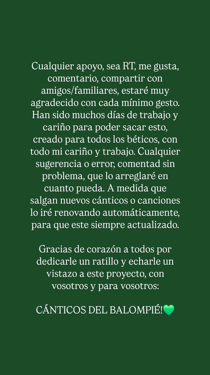 beticismo_17's tweet image. Buenas familia, es un placer para mi presentaros un proyecto en el que llevo mucho trabajando. Un álbum/libro, con cánticos, canciones o todo lo musical relacionado con el Betis.

En el vídeo adjunto se ve opciones de visualización, en PC mucho mejor!💚

canva.com/design/DAGtucP…