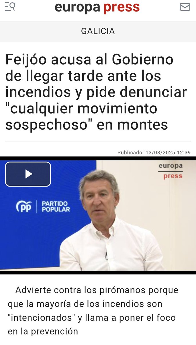2007.
Cuando el PP gobernaba España y era oposición en Galicia, las competencias en materia de incendios eran de las CCAA.

2025.
Cuando el PP gobiernan Galicia pero es oposición en España... pues al revés.

Feijóo es una declaración de incompetencia andante.