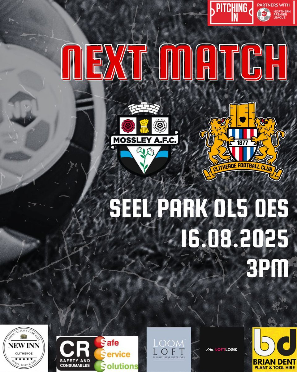 🔴 𝗡𝗘𝗫𝗧 𝗠𝗔𝗧𝗖𝗛 

This Saturday, we make a short trip to Seel Park to face Mossley AFC! 

🆚 Mossley AFC
📆 16.09.2025
⏰ 3PM
🏟️ Seel Park

It's not a long journey to make, and your support is always appreciated ❤️ 

#ForwardTogether