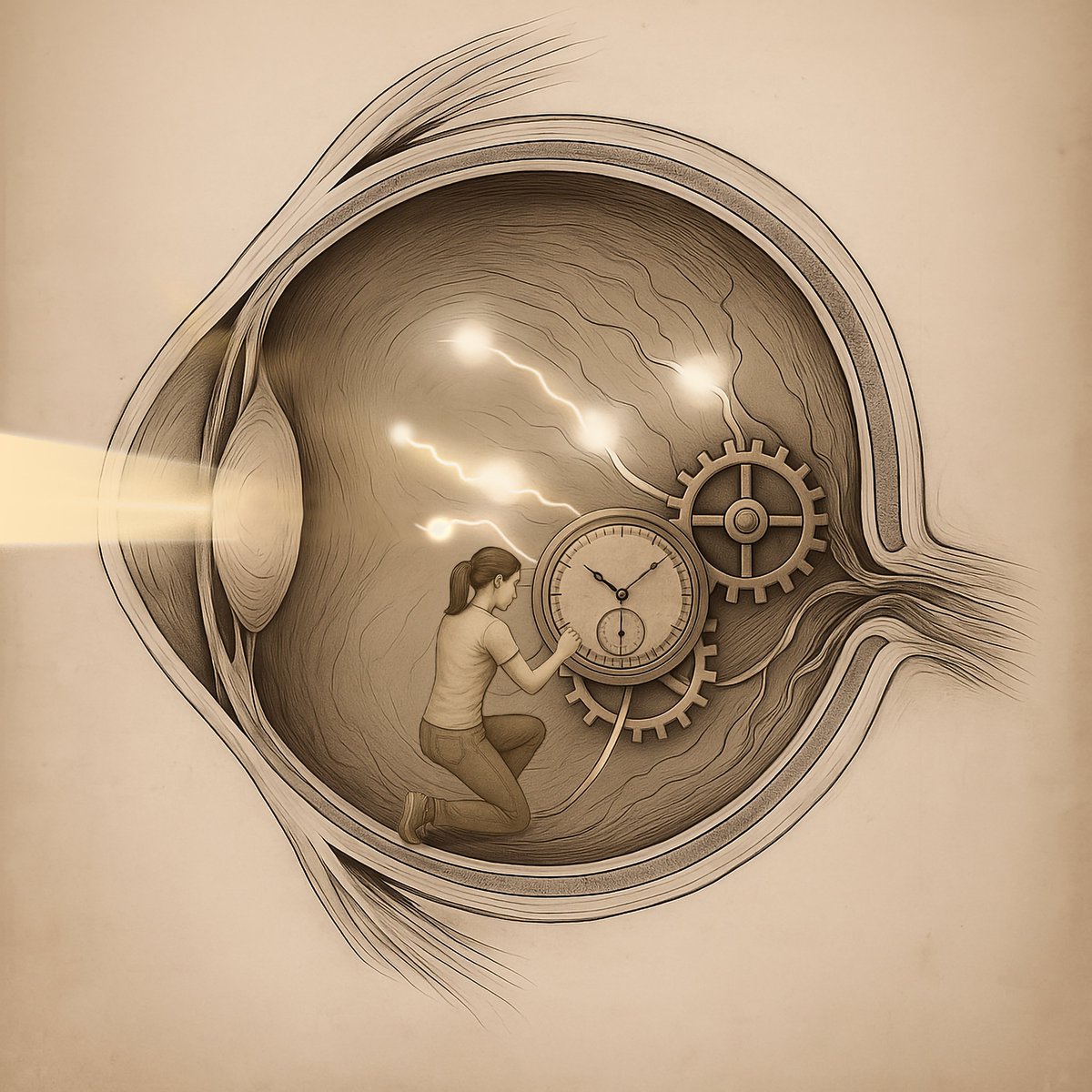 IOB_ch's tweet image. 🧠👁️ Your eye has hidden superpower! @FelixFranke7 &amp;amp; @Annalis43262927 show in @NatureNeuro how the retina acts as &quot;secret clockwork&quot; - synchronizing signals before reaching the brain⏱️
nature.com/articles/s4159…
#Neuroscience #Vision #RGCs

Image © IOB, 2025, generated with ChatGPT