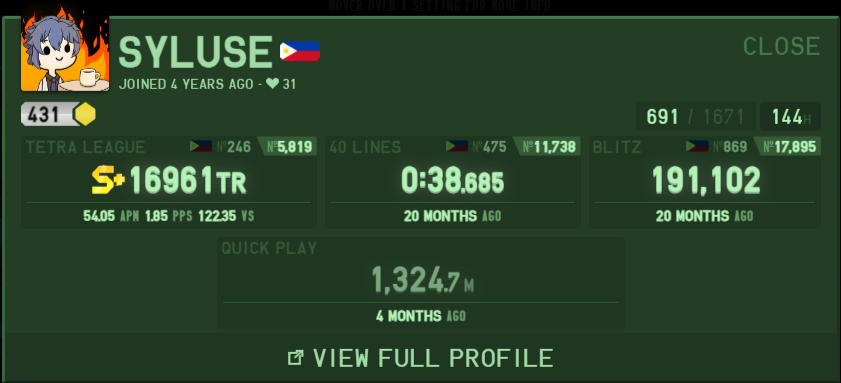 Tried playing a few of Tetrio just to see what rank I am after months of not playing

still around top 240-ish in Ph yipeee