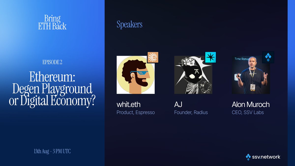 Today's Bring ETH Back episode is stacked!  

Join <a href="/AlonMuroch/">Alon Muroch</a>, <a href="/ZeroKnight_eth/">AJ | Rádius ✨</a>, and <a href="/cryptomachia/">whit.eth ☕️</a> at 3 PM UTC on <a href="/ssv_network/">SSV Network</a>. 

We’re unpacking Ethereum’s role as infra for the new digital economy, the importance of sequencing, and adoption.

🎙️ Set a reminder and join us live: