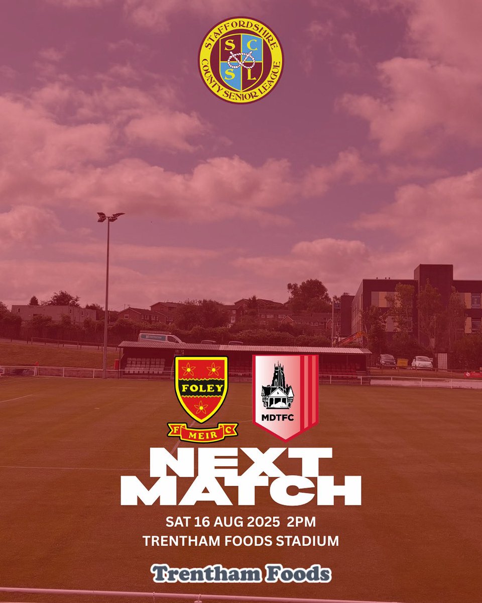 ⚽️ HOME GAME THIS SATURDAY!

📍Foley Meir (SCSL) 🆚 Market Drayton Town Reserves
📅 Saturday 16th August 2025 
🕑 2:00 PM KO
🏟️ Trentham Foods Stadium
🎟️ £3 Adults, £1 Kids

Our Staffordshire County Senior League side are back in action at home in their season opener against