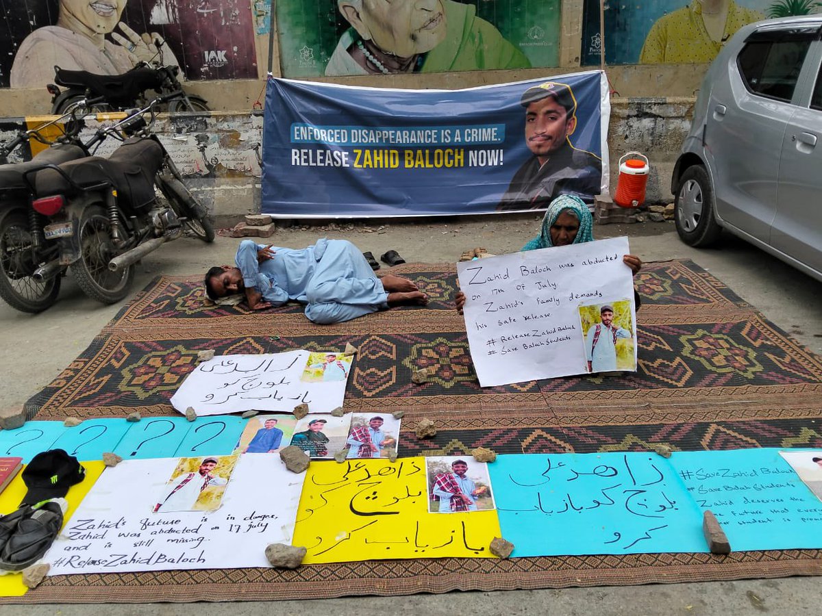 BalochYakjehtiC's tweet photo. Today marks the ninth consecutive day of the protest camp by the family of Zahid Ali, a 25-year-old International Relations student at the University of Karachi, who was forcibly disappeared by Pakistani forces on 17th July 2025, along with his rickshaw that he drove part-time to support his family.

Led by his ailing father, Abdul Hameed—a hepatitis patient—the family continues to sit outside the Karachi Press Club, with a single demand: safe release of Zahid. 

It has now been 28 days since Zahid’s disappearance. Authorities remain silent, offering no answers and no justice. His case is one of countless enforced disappearances targeting Baloch youth in Karachi and Balochistan.

We call on students, activists, journalists, and all concerned citizens to join the camp, amplify the family’s voice, and demand justice.

#EndEnforcedDisappearances
#StopBalochGenocide