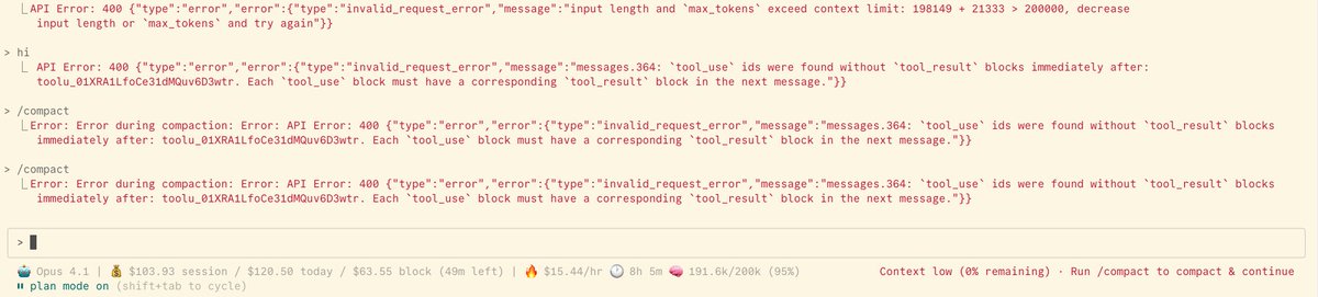 adstastic's tweet photo. It died at 191.6k (95%)
input length and `max_tokens` exceed context limit: 198149 + 21333 > 200000
It seems they preserve a generous 40k tokens for compaction - in my profiling its usually <20k
If you want the extra headroom/to take your chances with not being able to continue the conversation, turn off auto-compact :)