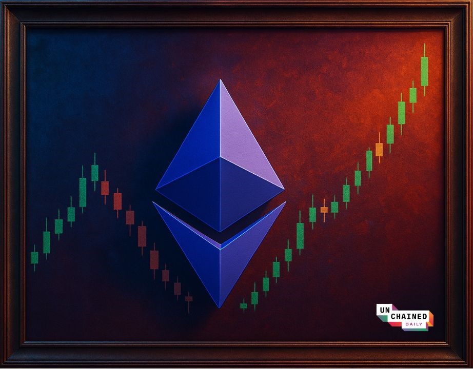 Ethereum logo with rising price charts from Unchained Daily