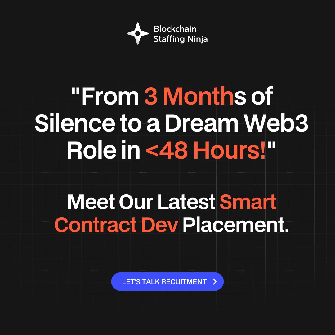 staffing_ninja's tweet image. 𝗢𝗻𝗲 𝘀𝗺𝗮𝗿𝘁 𝗰𝗼𝗻𝘁𝗿𝗮𝗰𝘁 𝗱𝗲𝘃’𝘀 𝗷𝗼𝘂𝗿𝗻𝗲𝘆:
3 months = no replies from Web3 jobs
36 hours with us = first interview scheduled
2 rounds later = hired.
Now building on zkRollups 🚀

Tag someone hiring smart contract devs 🔁

#Web3Hiring #SmartContractDeveloper…