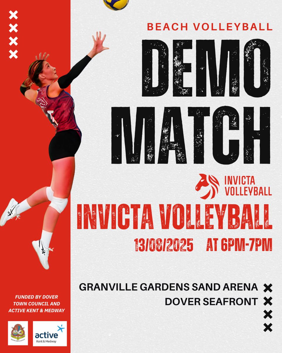 Dover Town Council (@dovertc) on Twitter photo Beach Volleyball Spectator Match
Come and see Invicta in action this Wednesday 13 Aug at the Granville Gardens Sand Arena, Dover Seafront!
📅 When: 13/08/2025
🕕 Time: 6pm – 7pm
💷 Cost: Free to watch
Funded by: @dovertowncouncil & <a href="/Active_Kent/">Active Kent & Medway</a>
Hosted by: Invicta Volleyball Beach Volleyball Spectator Match
Come and see Invicta in action this Wednesday 13 Aug at the Granville Gardens Sand Arena, Dover Seafront!
📅 When: 13/08/2025
🕕 Time: 6pm – 7pm
💷 Cost: Free to watch
Funded by: @dovertowncouncil & <a href="/Active_Kent/">Active Kent & Medway</a>
Hosted by: Invicta Volleyball