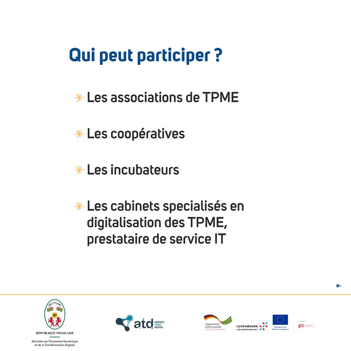 digitalgouvtg's tweet photo. 📅Date limite de participation : 2 septembre
#MENTD #NumeriqueTg #AgenceTogoDigital #GIZTogo #BmZ #Unioneuropeenne #Luxembourg #ProDigiT #TPME #DigitalTogo #EconomieNumérique #TransformationDigitale #Entrepreneuriat #AppuiAuxTPME https://t.co/KdA1Qr2ipO