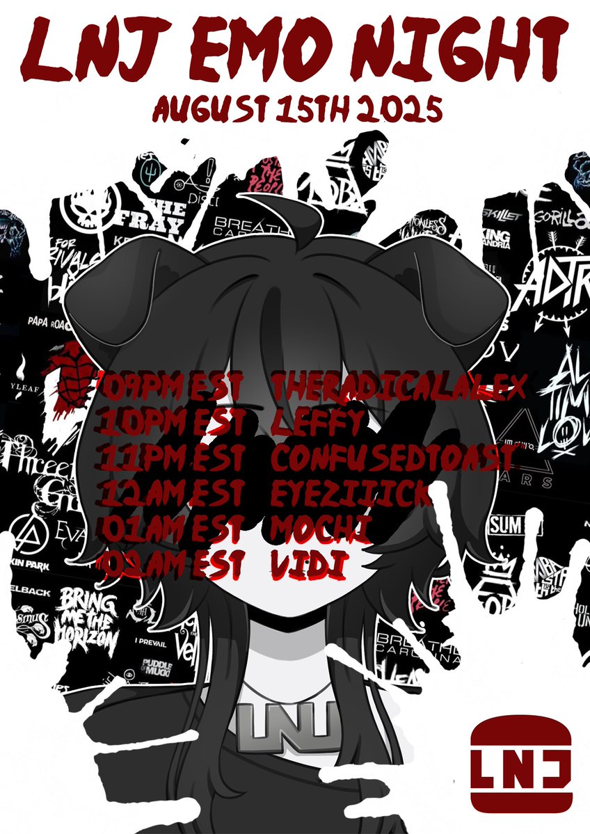 アレックス (@theradicalalex) on Twitter photo 🌧️🔪 LNJ EMO NIGHT 🔪🌧️
🧃 08/15/2025 (Friday)
🧃 9PM-3AM (EST)
🧃 Join to Group+ vrc.group/LNJ.3136
🔪 LINEUP
9PM <a href="/TheRadicalAlex/">アレックス</a>
10PM <a href="/Leffy_Nu/">Leffy</a>
11PM <a href="/Confused_T0ast/">Confused_Toast</a>
12AM <a href="/eyeziiick/">eyeziiick 💜⛓️</a>
1AM <a href="/Mochi_Tiramisu/">Mochi Tiramisu</a>
2AM <a href="/VrVidi/">Vidi</a>
#LNJ_VRC 🌧️🔪 LNJ EMO NIGHT 🔪🌧️
🧃 08/15/2025 (Friday)
🧃 9PM-3AM (EST)
🧃 Join to Group+ vrc.group/LNJ.3136
🔪 LINEUP
9PM <a href="/TheRadicalAlex/">アレックス</a>
10PM <a href="/Leffy_Nu/">Leffy</a>
11PM <a href="/Confused_T0ast/">Confused_Toast</a>
12AM <a href="/eyeziiick/">eyeziiick 💜⛓️</a>
1AM <a href="/Mochi_Tiramisu/">Mochi Tiramisu</a>
2AM <a href="/VrVidi/">Vidi</a>
#LNJ_VRC