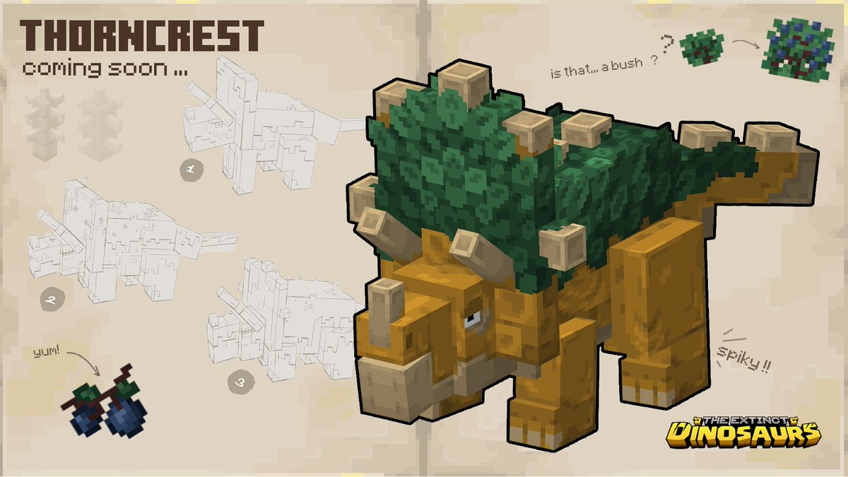 🦖 NEW DINO REVEAL: THE THORNCREST!    

Our palaeontologist found this hiding in the bush.. or trying to hide. It was five times bigger than the bush.  

#Minecraft #thorncrest #Dinosaurs #MinecraftAddOn #ExtinctDinosaurs #Teaser #Shapescape