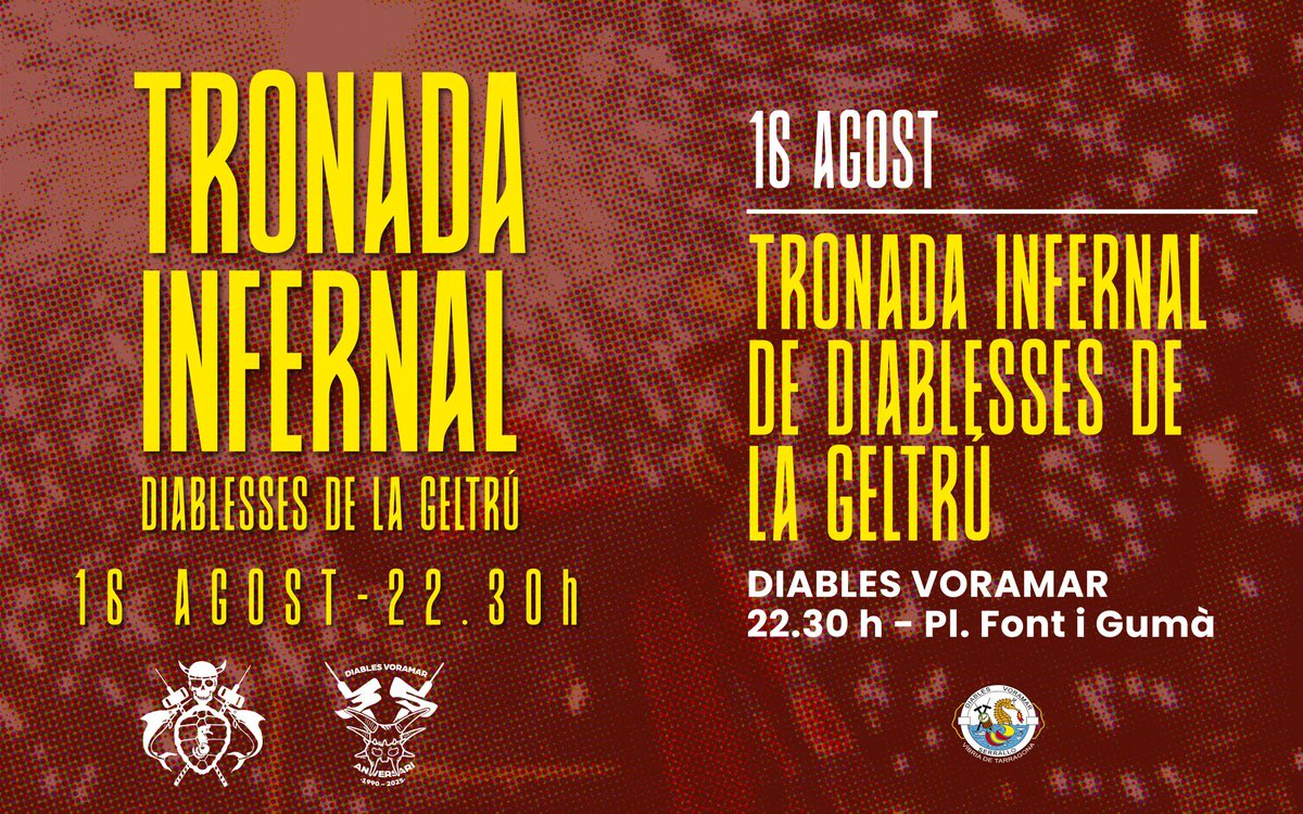 diablesvoramar's tweet image. 🔥 Els Diables faran parada a La Geltrú aquest 16 d’agost per participar a la Tronada Infernal de Diablesses de la Geltrú 😈.
🕥 La cita serà a les 22.30 h a la Plaça Font i Gumà, on la pólvora 💥, el foc 🔥 i la música 🎶 es combinaran per oferir espectacle.