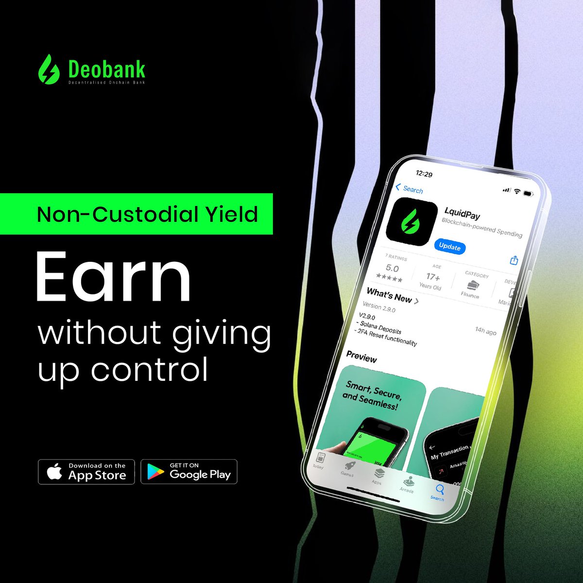 In the LQUIDPAY Deobank ecosystem, your yield is truly yours.

With non-custodial yield, you earn through DeFi staking, liquidity provision, and advanced strategies—directly from your wallet.
No middlemen. No frozen funds. No hidden risks.

Just decentralized growth, built for