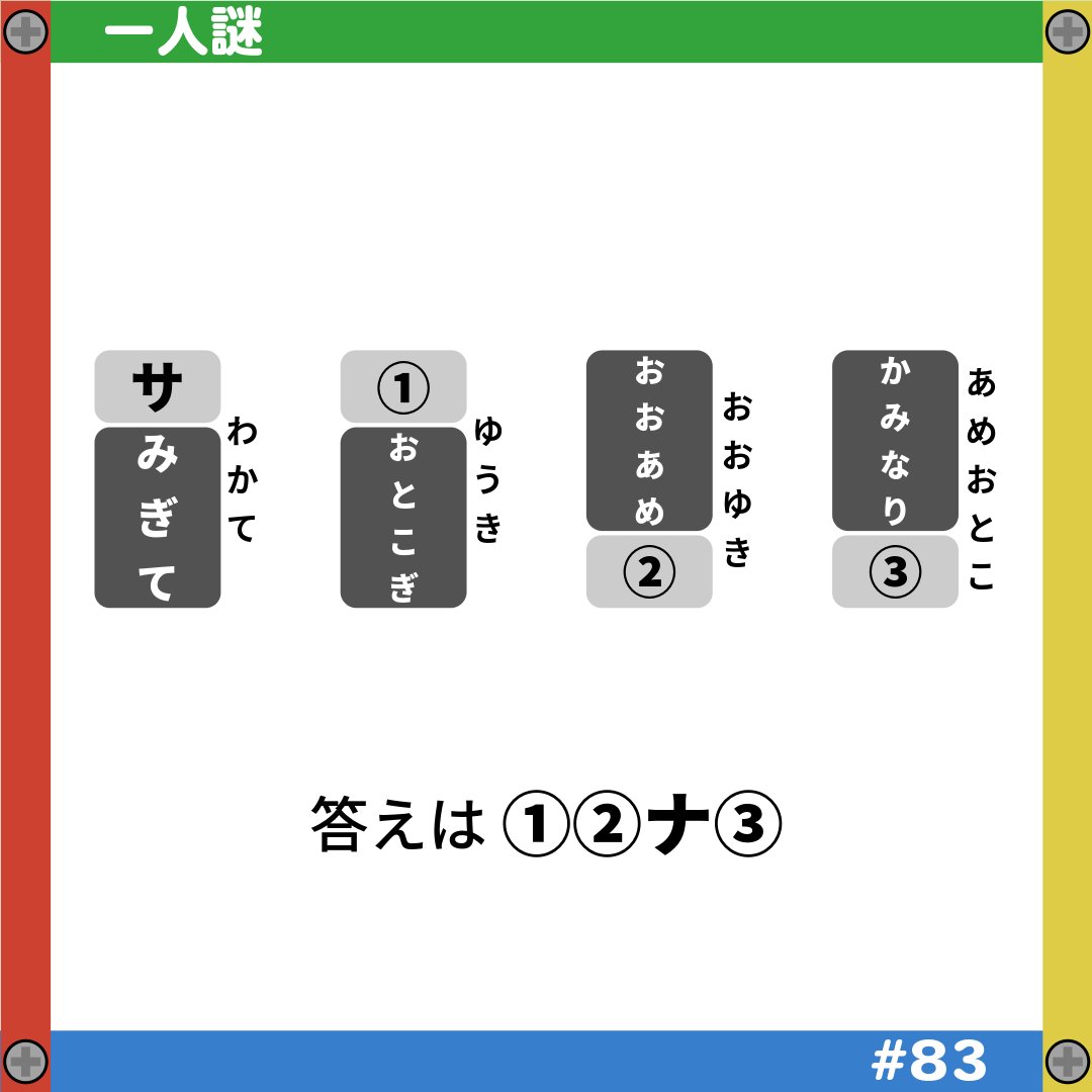 #一人謎　#謎解き　#解けたらRP
#解けたらRT

#83　【振り仮名の振り仮名】
難易度　☆☆☆★★

ヒント・正誤判定はDMまで！