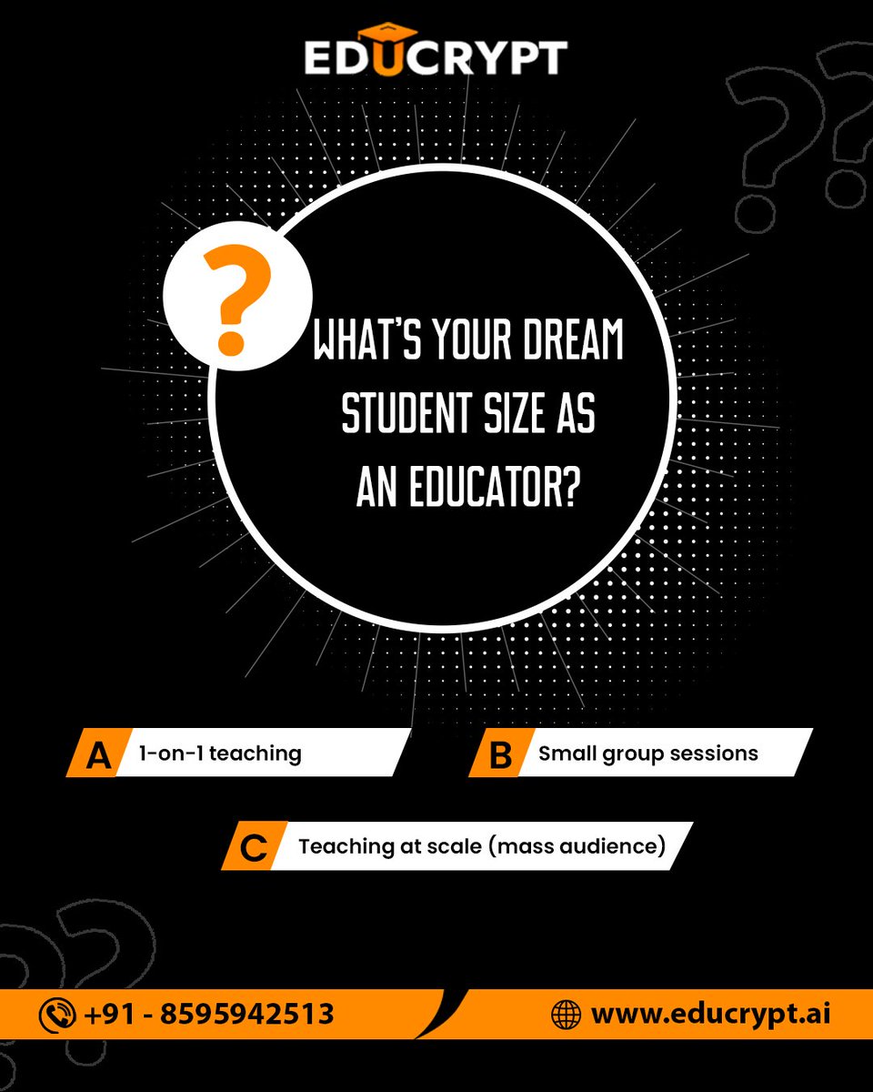 educrypt_ai's tweet image. Every educator has their dream classroom size.
Do you thrive in 1-on-1 mentoring, enjoy small group discussions, or love the energy of teaching at scale? 
Tell us - which one inspires you the most?

#DreamClassroom #EducatorInsights #TeachingStyles #MentoringMoments