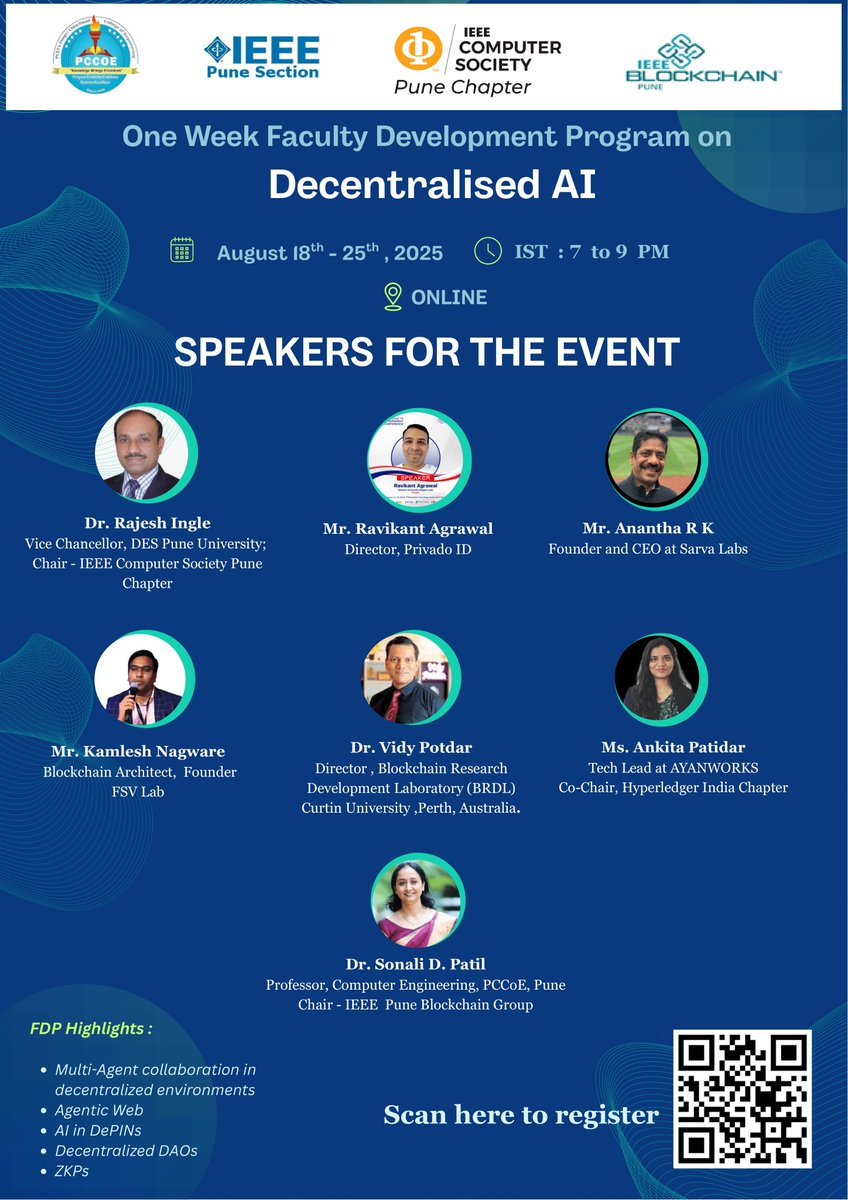 IEEE Blockchain Technical Community (@blockchain_ieee) on Twitter photo One Week Online FDP on Decentralised AI | Aug 18–25, 2025 | 7–9 PM IST. Learn from leading experts.
Scan the QR to register. One Week Online FDP on Decentralised AI | Aug 18–25, 2025 | 7–9 PM IST. Learn from leading experts.
Scan the QR to register.