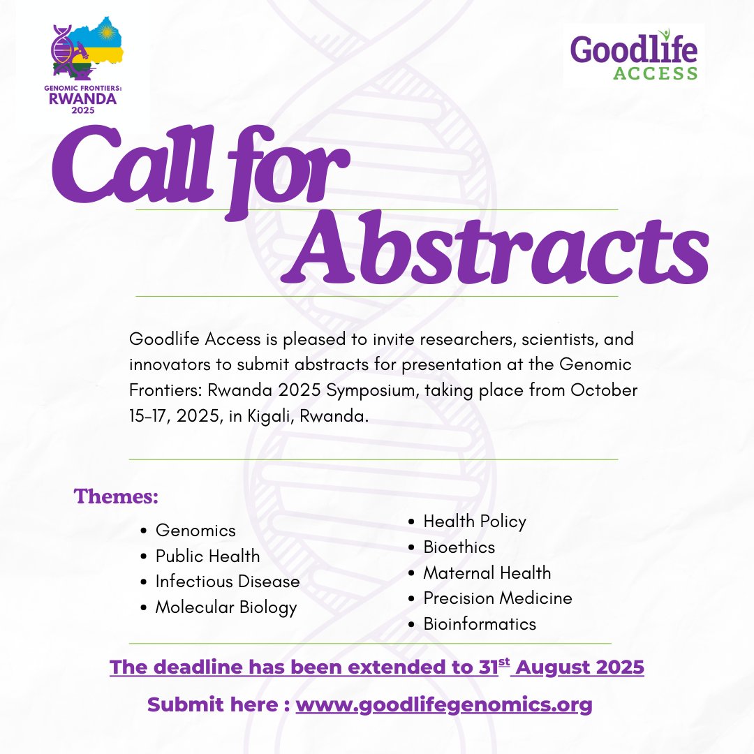IdaAlexandra1's tweet photo. 📢 Deadline Extended!
The Call for Abstracts for oral &amp; poster presentations is now open until Aug 31, 2025! 🧬 Share your research, innovation, or case studies with a global audience.
✍️ Submit here: https://t.co/3L7YqafiI9
#Genomics #RwandaRbc #RwandaHealth #nsanzimanasabin https://t.co/h7HQxlpKT4
