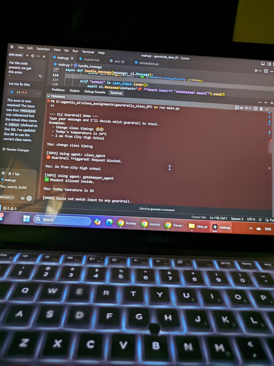 AbOl_Salam's tweet photo. 𝗔𝗴𝗲𝗻𝘁𝗶𝗰 𝗔𝗜 𝐂𝐥𝐚𝐬𝐬 𝟕 💥
Practiced &amp; completed assignment on Key Features, I/O Guardrails &amp; Trace Logs — leveling up in structured AI dev 🚀 https://t.co/4SvPRaPlry