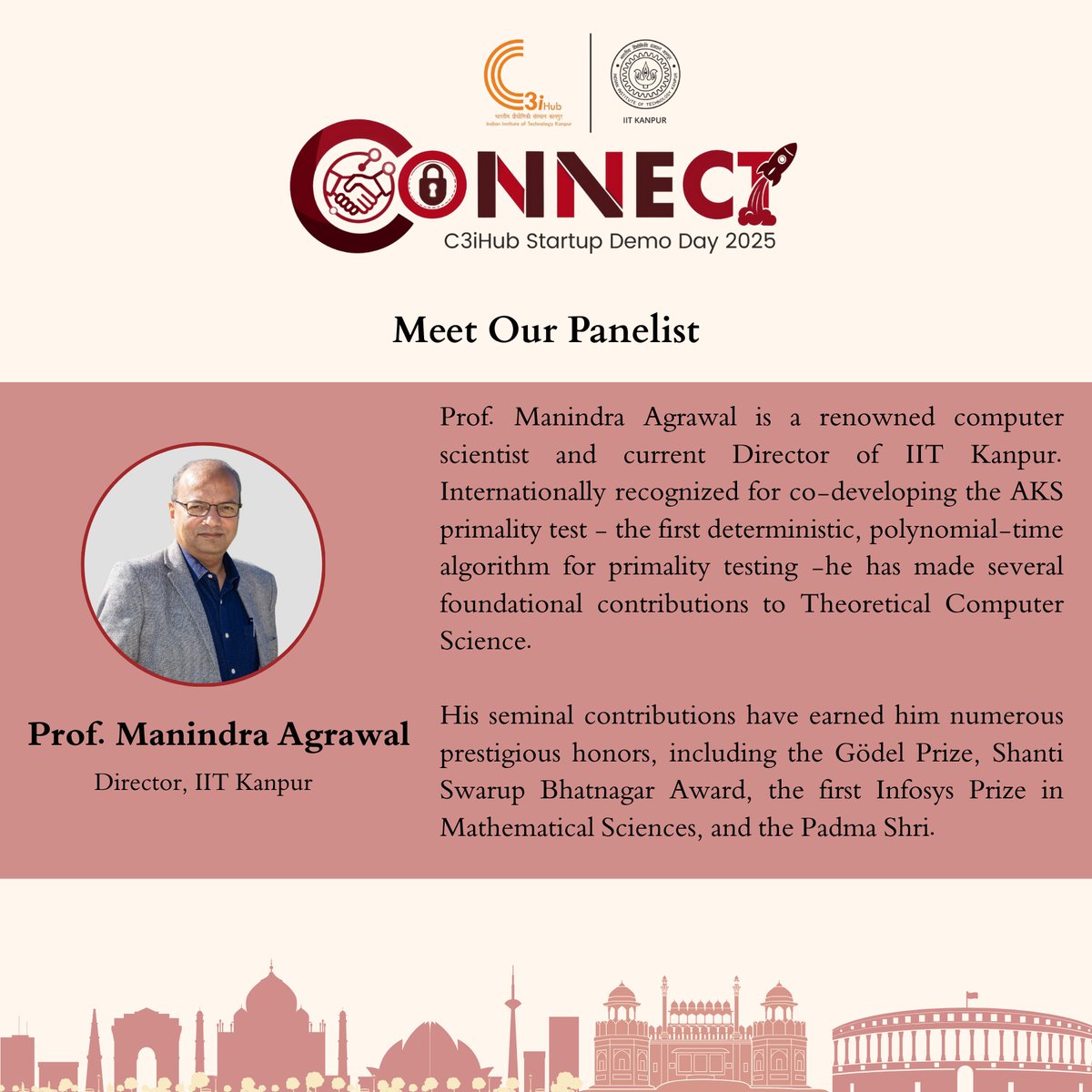 HubC3i's tweet photo. Meet our esteemed panelist, Prof. @agrawalmanindra — @Director_IITK and an internationally acclaimed computer scientist.
Best known for co-developing the AKS primality test — the first deterministic, polynomial-time algorithm for primality testing.
@IndiaDST @IITKanpur https://t.co/54oJxvPolu