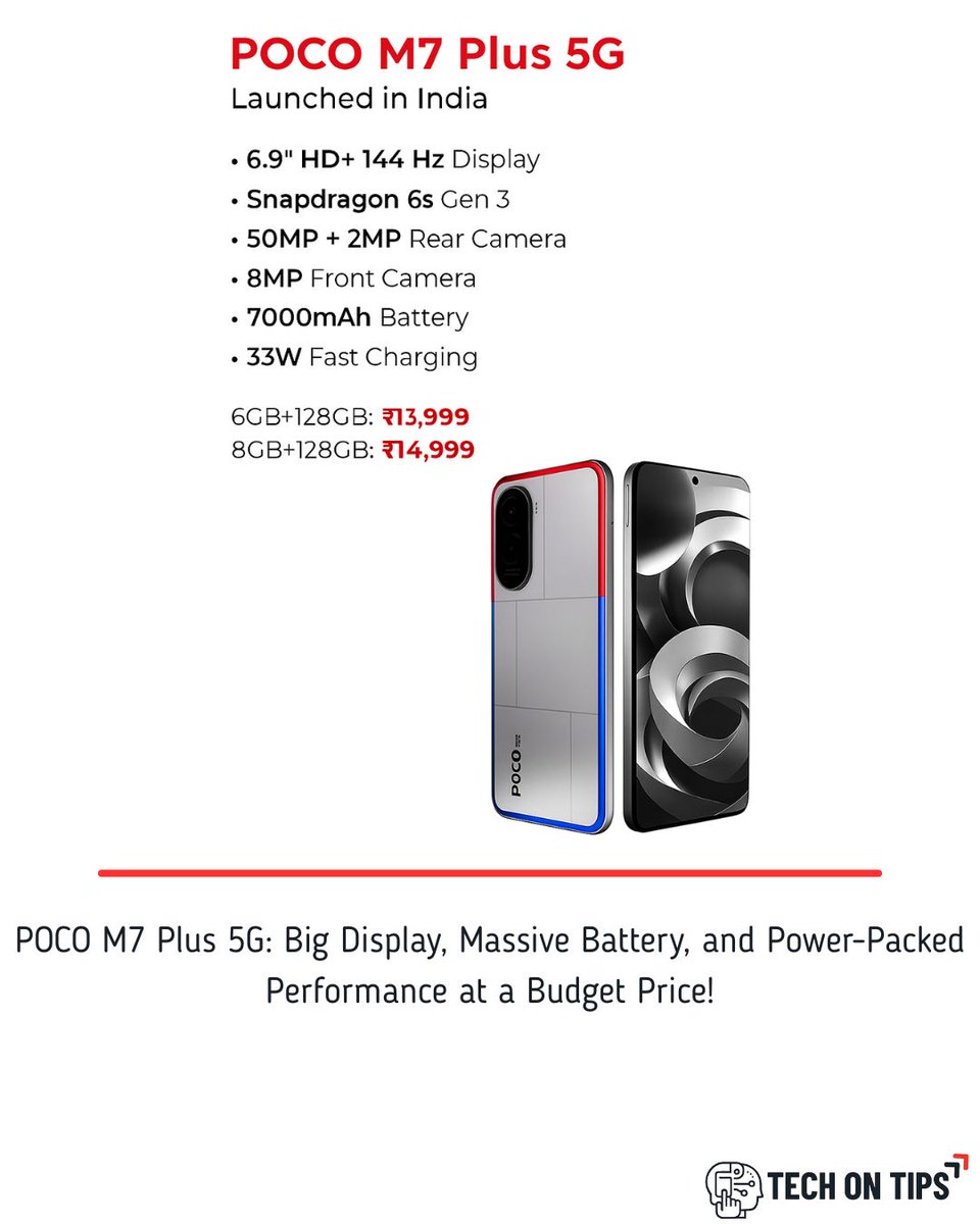 TechonTips24's tweet photo. POCO M7 Plus 5G: Big Display, Massive Battery, and Power-Packed Performance at a Budget Price!
#POCOM7Plus5G #POCOIndia #5GPhone #BudgetPhone #TechLaunch #Under15K #GadgetTalk #SmartphoneLaunch #TechOnTips https://t.co/ehy9BTP150