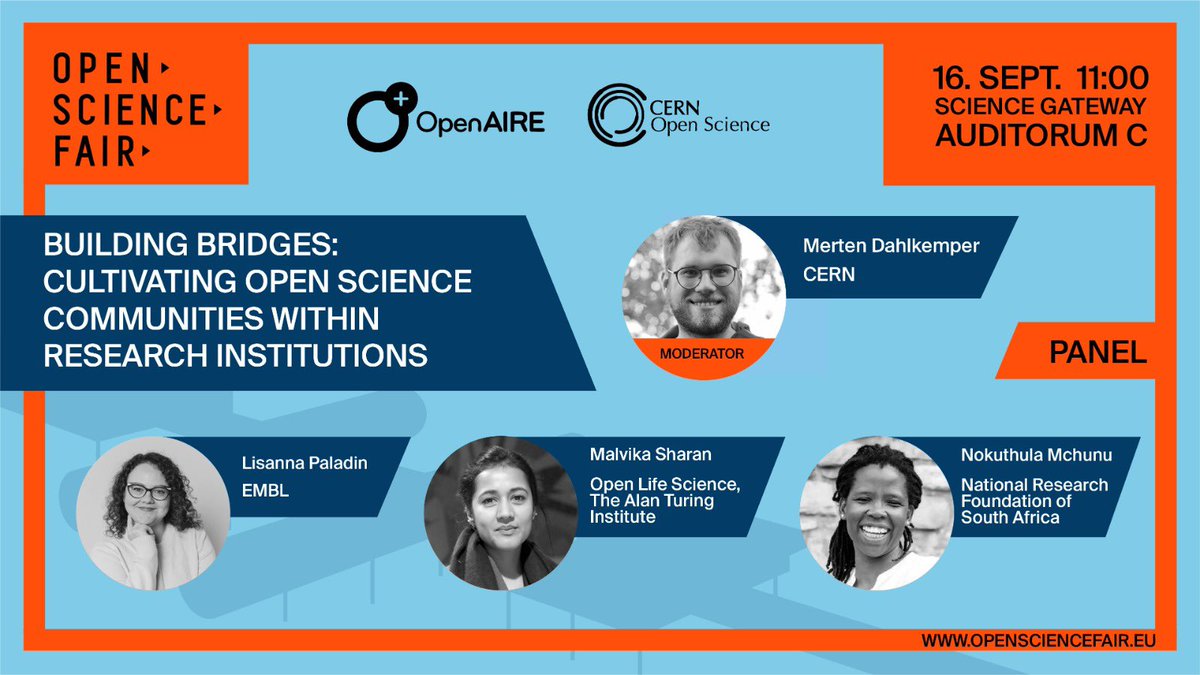 Join "Building Bridges: Cultivating Open Science Communities Within Research Institutions", 1 of 13 panels at #OSFair2025 &amp; reimagine sustainable, people-centered approaches that can transform episodic interventions into lasting cultural change.

#OpenScience #CERN #OpenAIRE