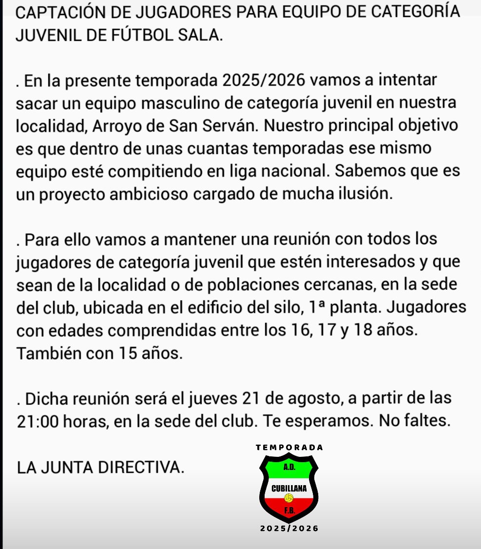 ADECUFUTSAL's tweet photo. Captación de jugadores para equipo de categoría juvenil de fútbol sala. https://t.co/YixIXQ19dN