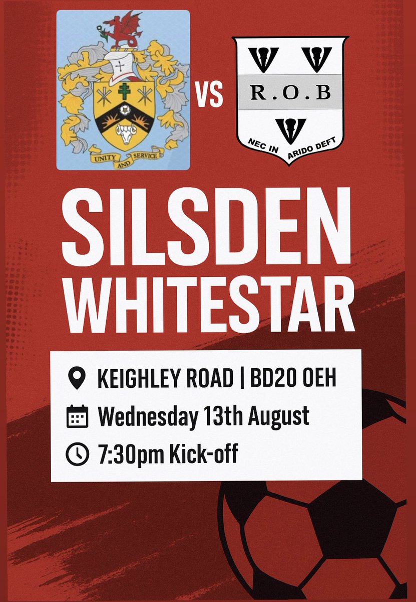 ⚽️ | Game day

The boys travel to <a href="/SWhitestar/">Silsden Whitestar</a> this evening looking to bounce back with 3 points after their opening day defeat

🆚 Silsden Whitestar
🏟️ KEIGHLEY ROAD | BD20 0EH
🗓️ Wednesday 13th August
⏰ 7:30pm Kick off

Come down and support the lads!