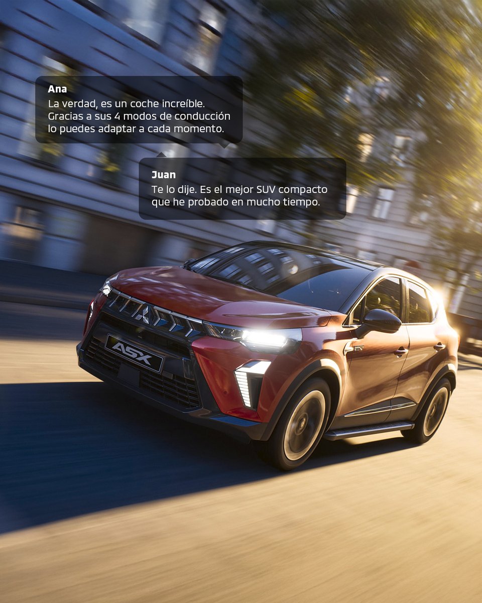 ¡Personaliza cada trayecto con tu Mitsubishi ASX! 🙌🏻

¿Tu también lo has probado ya? Su tecnología permite elegir entre 4 modos de conducción diferentes adaptándose a ti.

Disfruta de una experiencia de conducción personalizada para conducir a tu manera, todos los días. 

#ASX