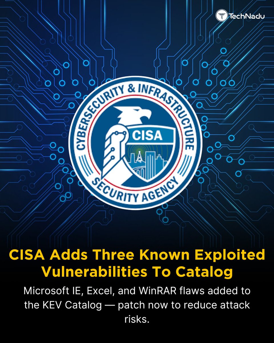 TechNadu's tweet image. 🚨 @CISAgov  adds 3 actively exploited flaws to its KEV Catalog:
 • CVE-2013-3893 – Internet Explorer
 • CVE-2007-0671 – Excel
 • CVE-2025-8088 – WinRAR

Legacy ≠ Safe. Patch it or risk compromise.
Are these still in your environment?
#CISA #KEV #Vulnerabilities…