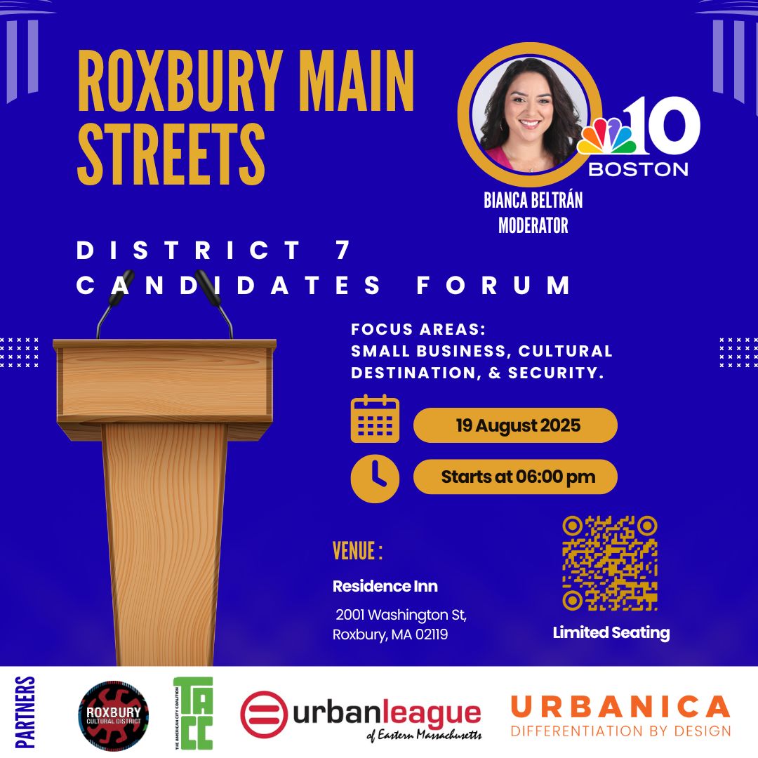 ULEM (@theulem) on Twitter photo Roxbury Main Streets District 7 Candidate Forum – Aug 19, 5:30 PM at Residence Inn, Roxbury. Topics: Arts & Culture, Small Biz, Safety, Workforce & Housing, White Stadium. In partnership <a href="/URBANICABOSTON/">URBANICA BOSTON</a>, TACC @ULEM1919, <a href="/RoxburyMainSt/">Roxbury Main Streets</a> & Roxbury Cultural District. #District7 Roxbury Main Streets District 7 Candidate Forum – Aug 19, 5:30 PM at Residence Inn, Roxbury. Topics: Arts & Culture, Small Biz, Safety, Workforce & Housing, White Stadium. In partnership <a href="/URBANICABOSTON/">URBANICA BOSTON</a>, TACC @ULEM1919, <a href="/RoxburyMainSt/">Roxbury Main Streets</a> & Roxbury Cultural District. #District7