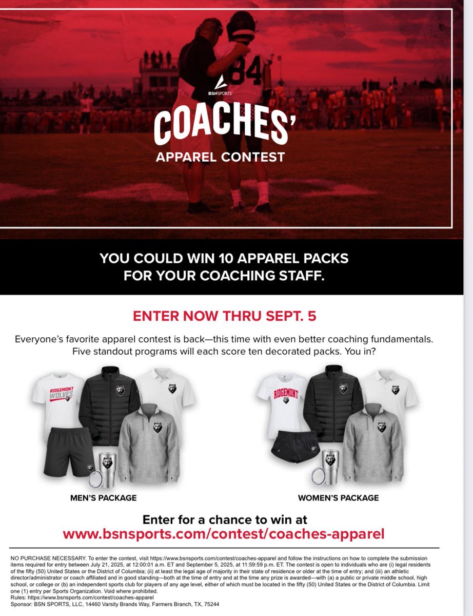BSNSPORTS Florida (@bsnsports_fl) on Twitter photo 🔴 The <a href="/BSNSPORTS/">BSN SPORTS</a> Coaches' Apparel Contest launched!
⚪️ Enter today to be 1 of 5 deserving programs to win decorated apparel
packages for their staff (about $2K retail value per winning program)
🔵 Contest entry deadline is 9/5- enter today ➡️ bsnsports.com/contest/coache… 🔴 The <a href="/BSNSPORTS/">BSN SPORTS</a> Coaches' Apparel Contest launched!
⚪️ Enter today to be 1 of 5 deserving programs to win decorated apparel
packages for their staff (about $2K retail value per winning program)
🔵 Contest entry deadline is 9/5- enter today ➡️ bsnsports.com/contest/coache…