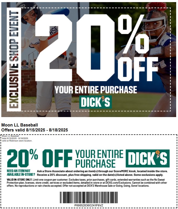 MoonLLBaseball's tweet image. ⚾️👟DSG Shop Weekend for your baseball and back to school needs including footwear and apparel! The coupon is good for most items in the Robinson store between 8/15 and 8/18.