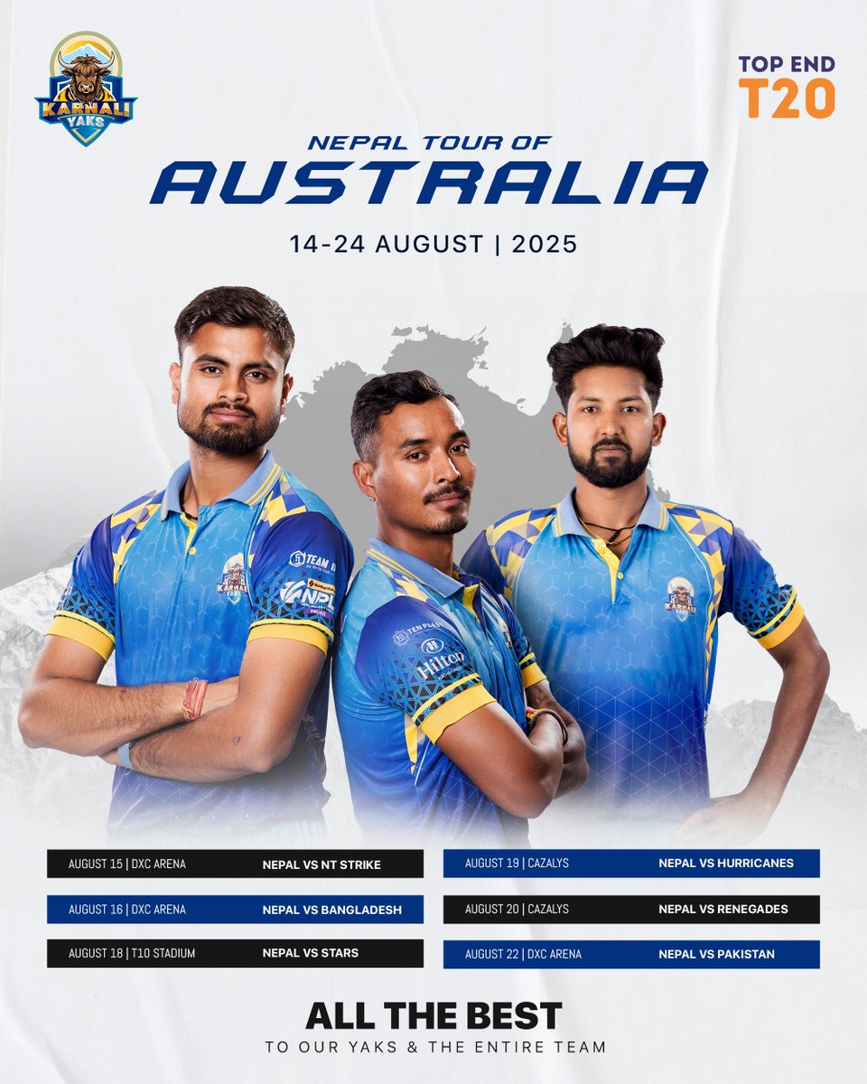 Nepal Charging Down Under! 📷
Our mighty Nepal Rhinos are set to bring storms in Australia for the Top End T20, facing 6 strong teams in a thrilling clash of talent and passion!
Best wishes to the entire squad and an extra loud cheer for our Karnali Yaks warriors, let’s make