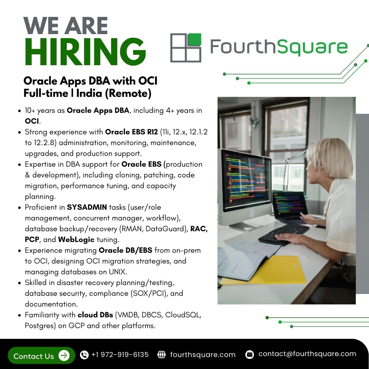 FourthSq's tweet image. Hiring Oracle Apps DBA (Remote, India) – 10+ yrs exp (4+ in OCI), Oracle EBS R12 (11i–12.2.8), RAC, DataGuard, WebLogic, DR, on-prem→OCI migration, cloud DBs (VMDB, DBCS, Postgres). 

Send your resumes to Sanjeet.Bhukta@fourthsquare.com

 #OracleAppsDBA #OCI #RemoteJobs #Hiring