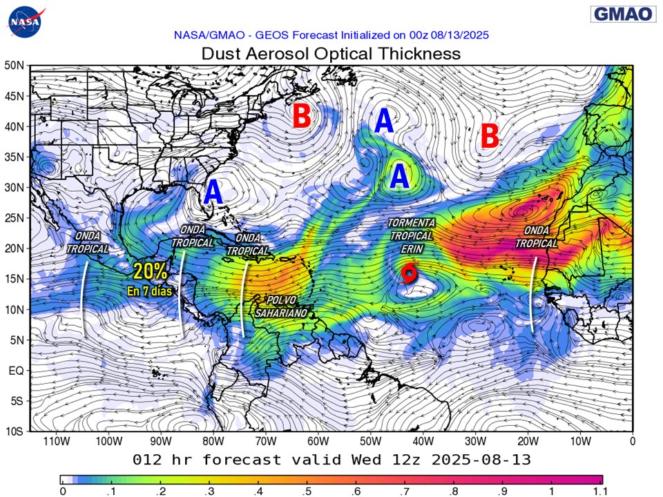 #13Ago Sigue presente el polvo del Sahara en gran parte de Venezuela, limitando la formación generalizada de nubes de evolución. Sin embargo, no las suprime del todo y la Zona de Convergencia Intertropical-Vaguada Monzónica estarán favoreciendo lluvias y chubascos especialmente