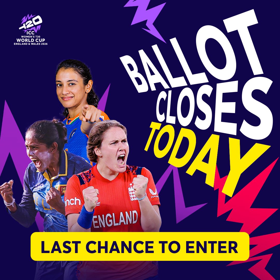 Last chance - the ballot closes at 8pm today! ⏳

To ensure you stand a chance to secure seats to the ICC Women’s T20 World Cup in Southampton or around the rest of the country, submit your application now!

Find out more or enter now ➡️ loom.ly/Shzpdeg