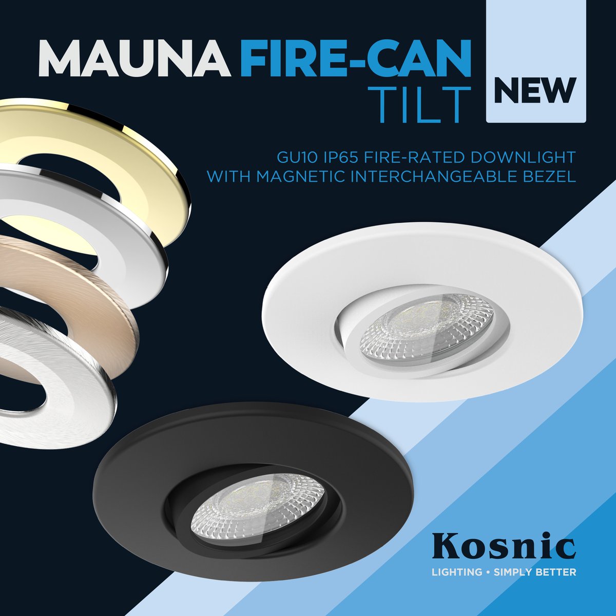 Meet the Mauna Fire Can Tilt - it is our brand new IP65 GU10 fire-rated downlight with interchangeable magnetic bezels! It has:

💡Low profile of just 69mm
💡Black or white version and changeable bezels
💡Add-on emergency kits options

All available now!

#KosnicLighting