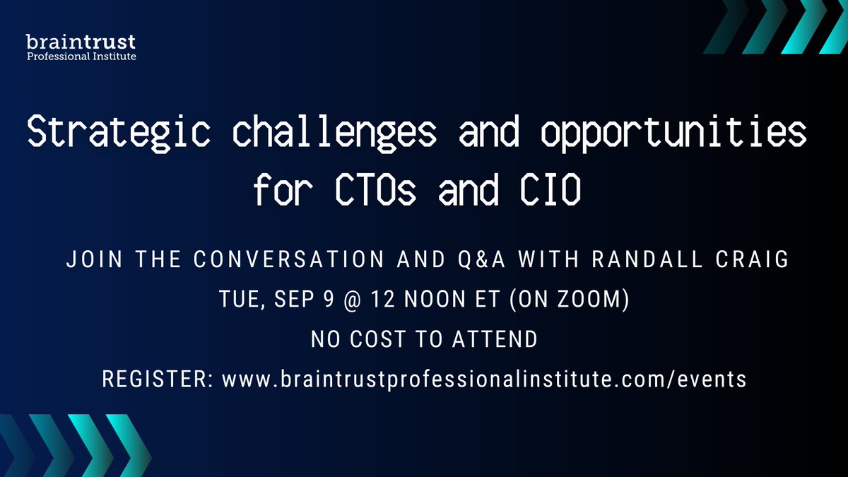 RandallCraig's tweet photo. The job of the CTO (and CIO) has become bigger than we ever thought it would be. Every department and every process is embedded with tech, and we are expected to have all the answers. 

Date: Tue, Sep 9 at 12 noon ET

Register here 📷 https://t.co/XQBfmSr4tT https://t.co/xGyDWIf2I1