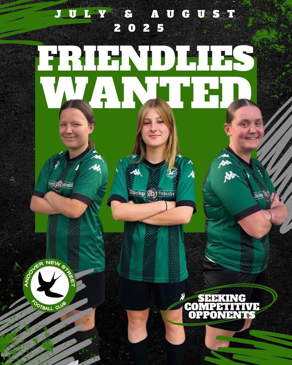Andover New Street Ladies FC (@newstreetladies) on Twitter photo Andover New Street Ladies are looking to host a friendly on Sunday 24th August - opponent has pulled out but we have the pitch booked ✅ please drop us a message if you’re interested! Tier 6 or higher divs in tier 7 💚🖤💚
<a href="/WoSo_Friendlies/">WoSo Friendly Finder</a> <a href="/hantswomans/">Hants Womens Footie</a> <a href="/NonLeagueCrowd/">Non League Crowds</a> Andover New Street Ladies are looking to host a friendly on Sunday 24th August - opponent has pulled out but we have the pitch booked ✅ please drop us a message if you’re interested! Tier 6 or higher divs in tier 7 💚🖤💚
<a href="/WoSo_Friendlies/">WoSo Friendly Finder</a> <a href="/hantswomans/">Hants Womens Footie</a> <a href="/NonLeagueCrowd/">Non League Crowds</a>