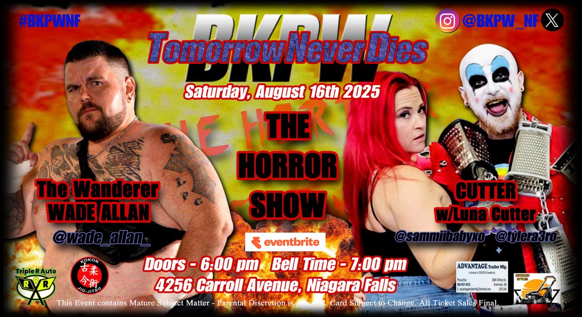 BUSTED KNUCKLE PRO WRESTLING (@bkpw_nf) on Twitter photo SATURDAY - Captain Cutter, the deranged <a href="/tylera3ro/">Tyler Aero</a> with his sultry sleaze Luna Cutter, is back in action for The Horror Show Hardcore Segment where he faces The Wanderer <a href="/wadeo29/">wade allan</a> - both have promised that there will be blood. Will one not their next tomorrow? Tickets 905-933-9705 SATURDAY - Captain Cutter, the deranged <a href="/tylera3ro/">Tyler Aero</a> with his sultry sleaze Luna Cutter, is back in action for The Horror Show Hardcore Segment where he faces The Wanderer <a href="/wadeo29/">wade allan</a> - both have promised that there will be blood. Will one not their next tomorrow? Tickets 905-933-9705