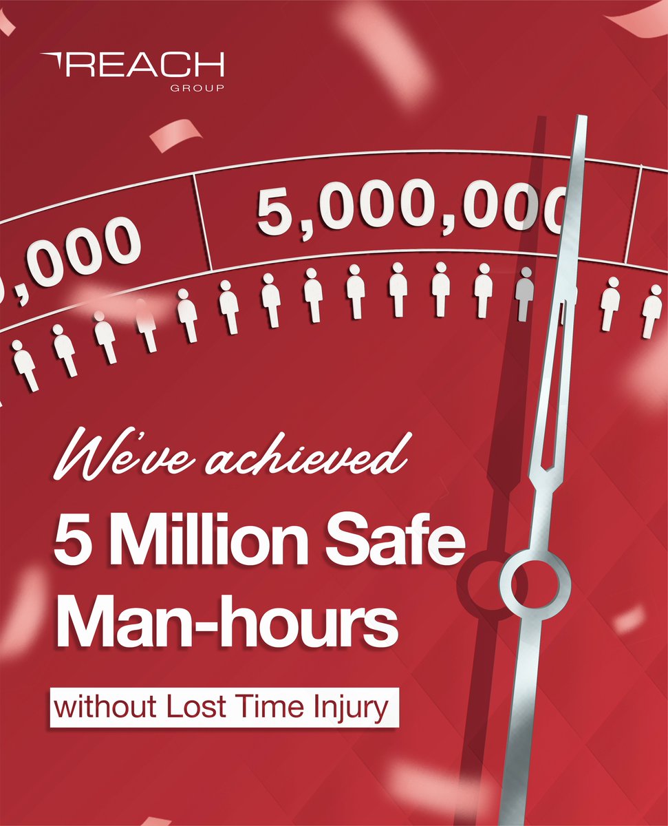 REACHGroupae's tweet photo. We at REACH Group and our subsidiaries are proud to announce a remarkable milestone:
5 million safe man-hours without a single Lost Time Injury (LTI)!
This achievement reflects our team's unwavering commitment to a safety-first culture, and operational excellence. https://t.co/u1Ton41ahS