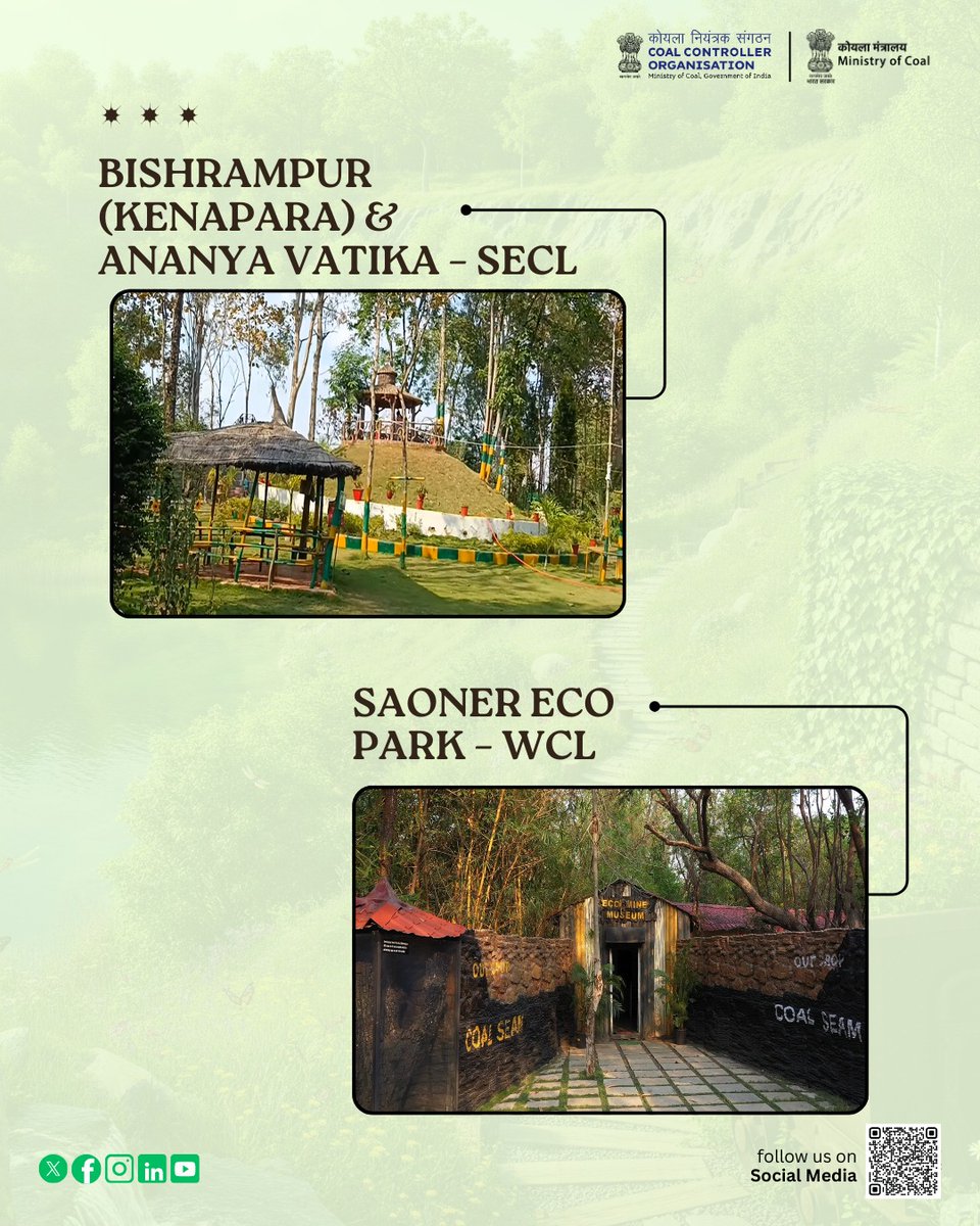 CCO_MoC's tweet photo. Transforming the past into a greener future. Coal & Lignite PSUs are turning former mine sites into thriving eco-parks, tourism hubs, water projects, and renewable energy spaces.#CCO #MOC #GreenMines #SustainableMining #EcoFriendlyInitiatives #PostMiningLandUse #CoalSector https://t.co/1S7kfIGku6