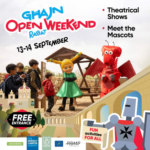 Join us at Ghajn Open Weekend 2025 for 2 days of fun with live shows &amp; mascots Zoe &amp; Drago!
📍 Għajn, Rabat
📅 Sept 13 (4-10pm), Sept 14 (10am-5pm)
𝐅𝐨𝐫 𝐦𝐨𝐫𝐞 𝐢𝐧𝐟𝐨 𝐯𝐢𝐬𝐢𝐭 > 𝘩𝘵𝘵𝘱𝘴://𝘴𝘩𝘰𝘳𝘵𝘶𝘳𝘭.𝘢𝘵/𝘔𝘛𝘘𝘬𝘯
.
<a href="/MaltaEWA/">Energy&Water Agency</a> | <a href="/LIFEprogramme/">LIFE Programme</a> |<a href="/sostenibilitamt/">Sostenibilità</a>