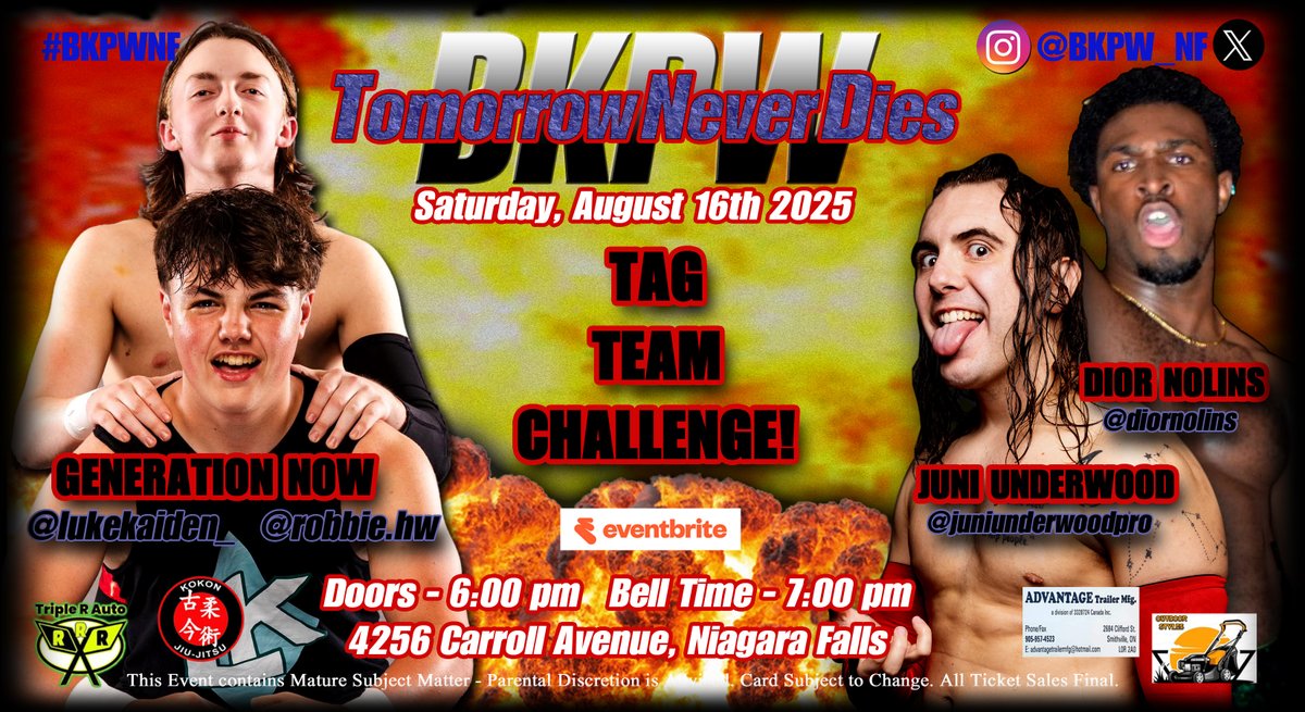 BUSTED KNUCKLE PRO WRESTLING (@bkpw_nf) on Twitter photo This Saturday, "WHO WILL LEAVE HUMBLED?" when Generation Now squares off against Dior Nolins and <a href="/JuniUnderwoodFS/">Juni Underwood</a> in Tag Team Action! Limited Tickets remain. Call 905-933-9705. #BKPWNF This Saturday, "WHO WILL LEAVE HUMBLED?" when Generation Now squares off against Dior Nolins and <a href="/JuniUnderwoodFS/">Juni Underwood</a> in Tag Team Action! Limited Tickets remain. Call 905-933-9705. #BKPWNF