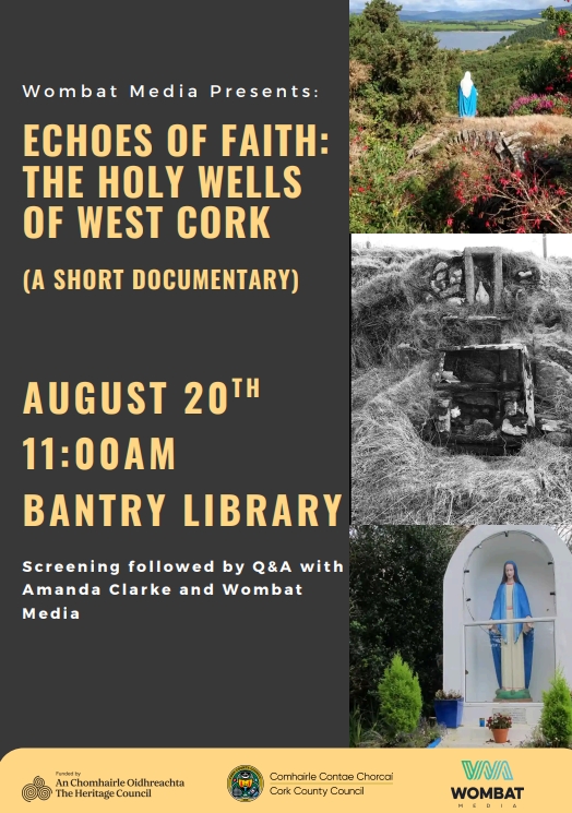 corkcolibrary's tweet image. #Bantrylibrary are delighted to host Wombat Media who will be presenting a short documentary on the Holy wells of West Cork followed by a Q and A with Amanda Clarke.
This is taking place on Wednesday 20th August and all are welcome.