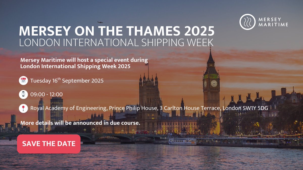 Save the Date – Mersey on the Thames

As part of <a href="/LISWOfficial/">London International Shipping Week 2025</a>, Mersey Maritime will once again host its bi-annual Mersey on the Thames event, featuring presentations, panel discussions, and networking opportunities with maritime leaders.

Register now 📲: hubs.ly/Q03CwMJX0
