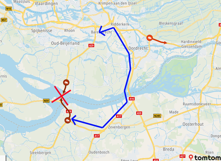 De #A29 is ◄► dicht bij de #Haringvlietbrug door een technische storing. Omrijden kan via Dordrecht (A16).