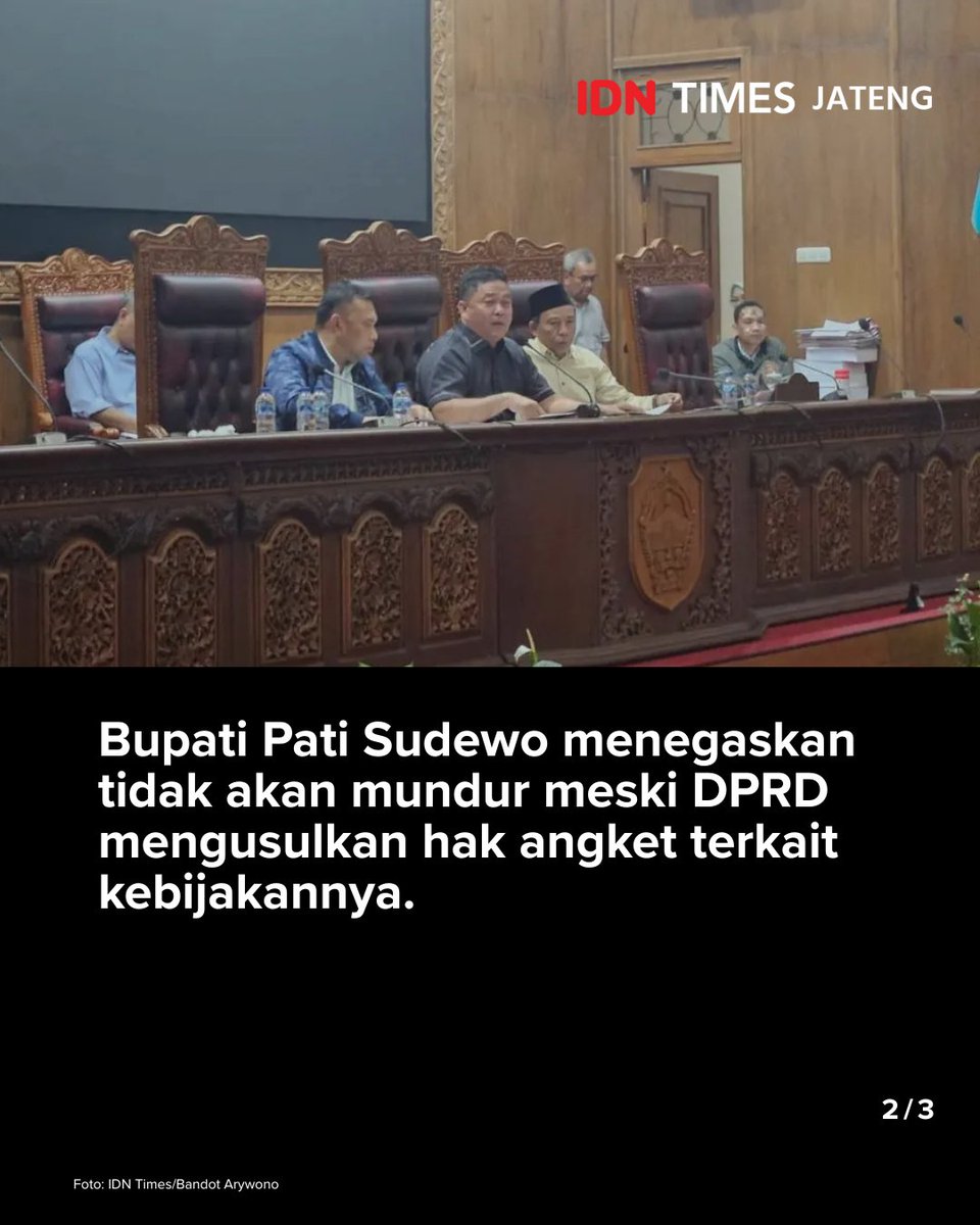 IDNTimesJateng's tweet photo. Bupati Pati Sudewo menegaskan tidak akan mundur dari jabatannya meski DPRD Pati mengusulkan pembentukan Pansus hak angket buntut gelombang protes atas kebijakan kenaikan pajak.

#IDNTimesJateng 

https://t.co/D85DtNOEAY https://t.co/Cx5rxe4gnO